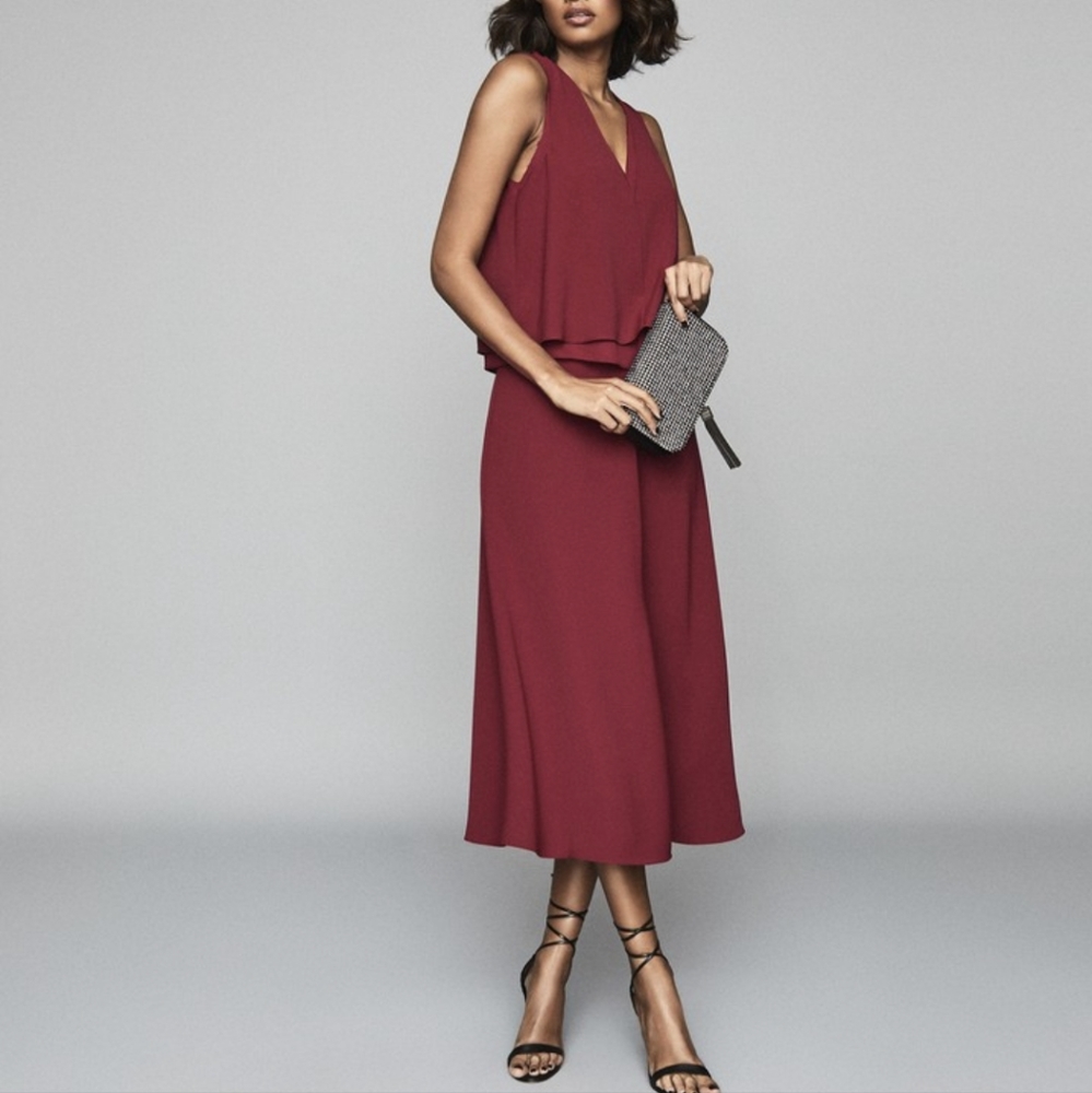 NWT Reiss Voila Layered Midi Dress in Berry